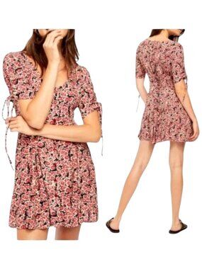 Free People Dress Women XS Red Black Floral Print‎ Corset Lace Up Mini Boho